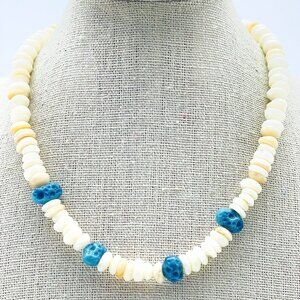 Faux Puka Shell Necklace Blue Accent Beads Beach Surfer Style Resort